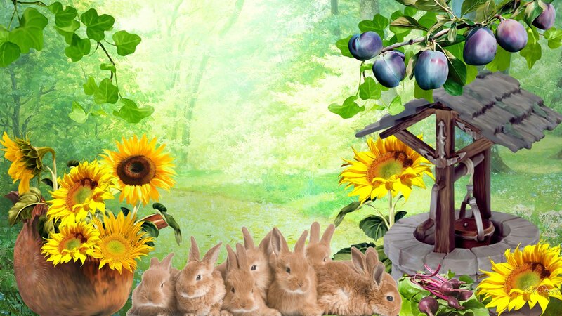 Bunnies in Garden — Green, Serene