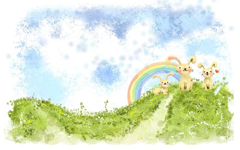bunnies on a rainbow hill