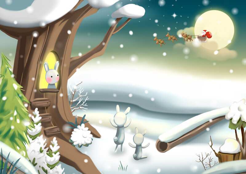 Bunnies Watching Santa