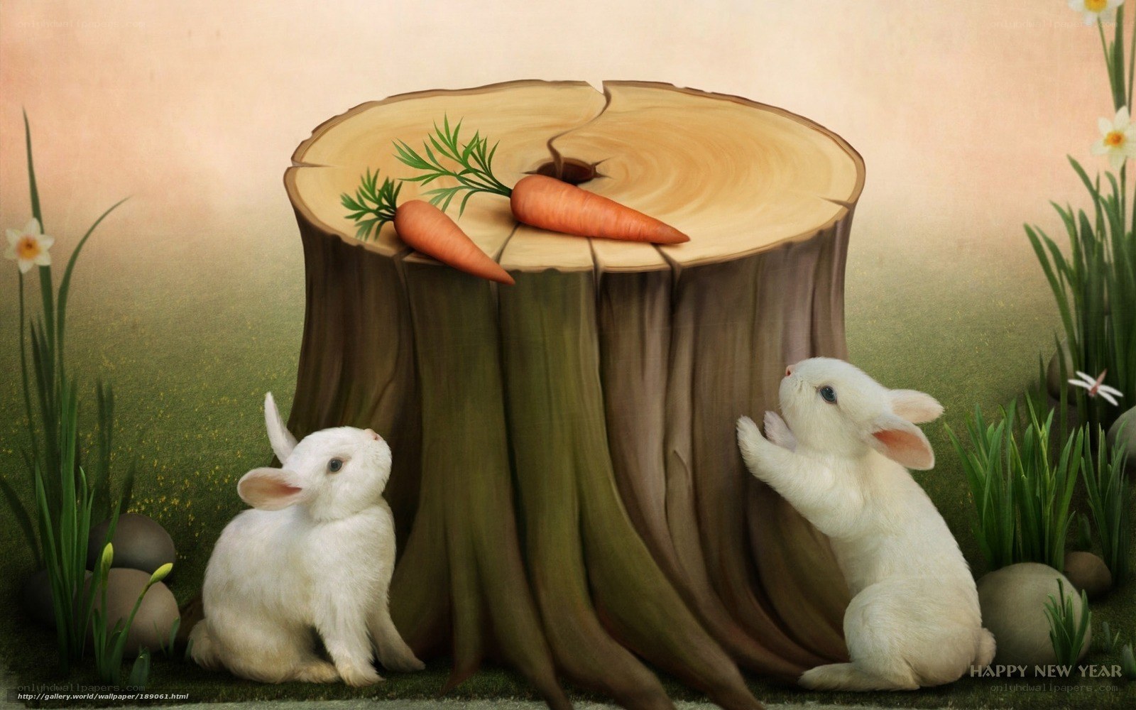 Bunnies with carrots on stump