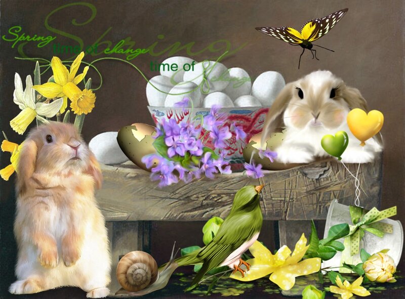 Bunnies with Spring Flowers