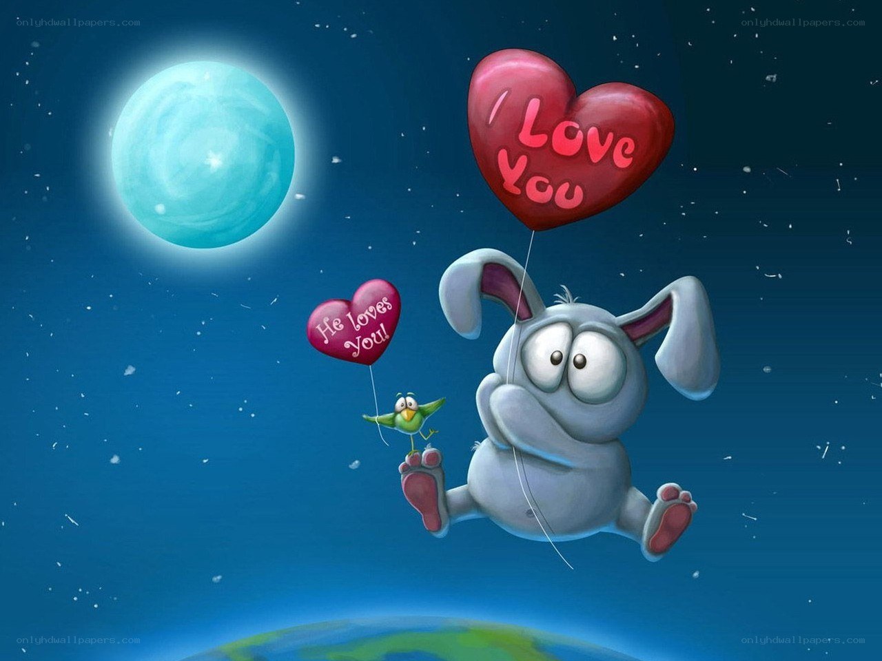 Bunny and bird with heart balloons
