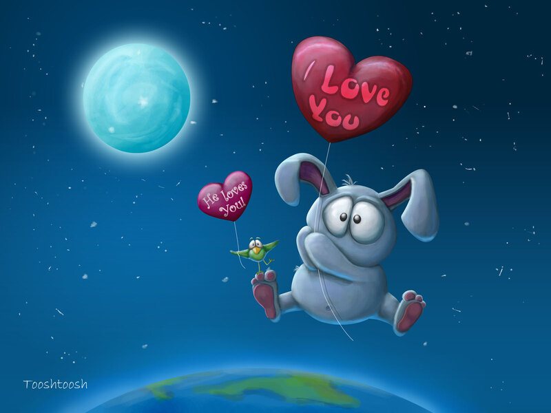 Bunny and bird with love balloons