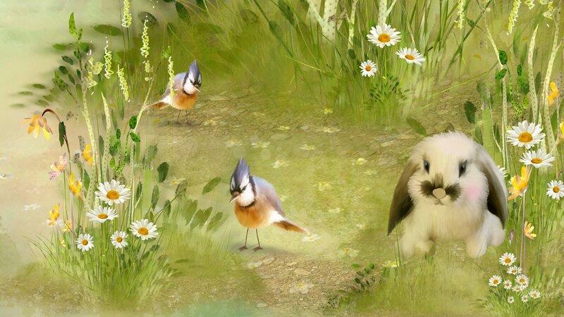 Bunny and Birds in Field