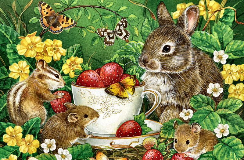 Bunny and Mice in Garden