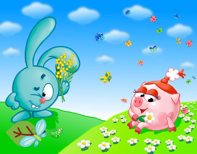 bunny and pig in a flower field
