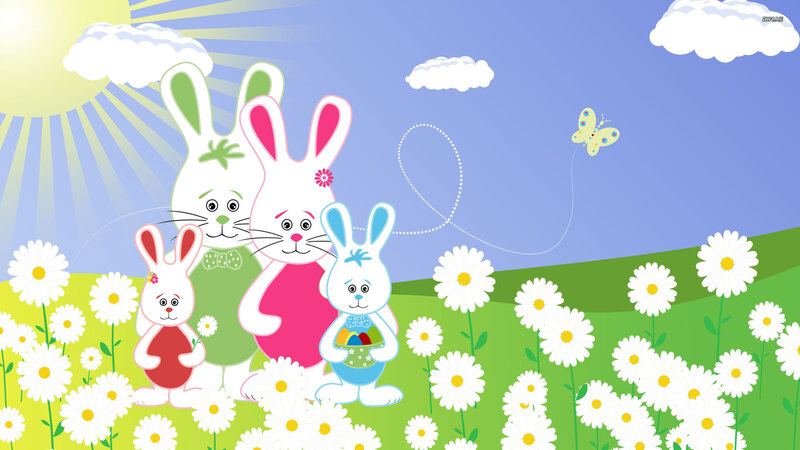Bunny Family in Field — Green, Cheerful, Morning