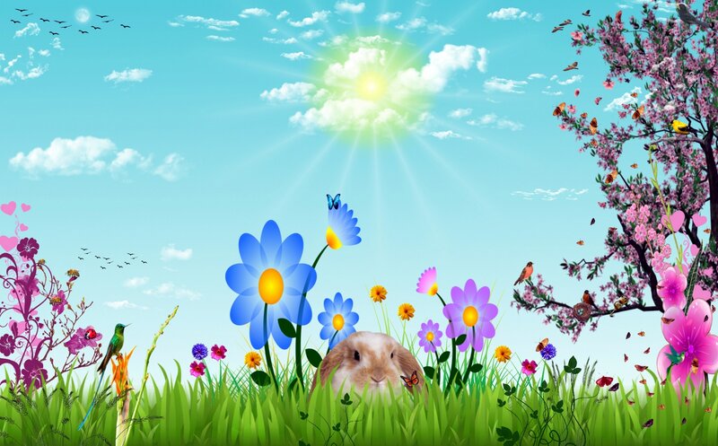 Bunny in a Flower Field — Green, Serene