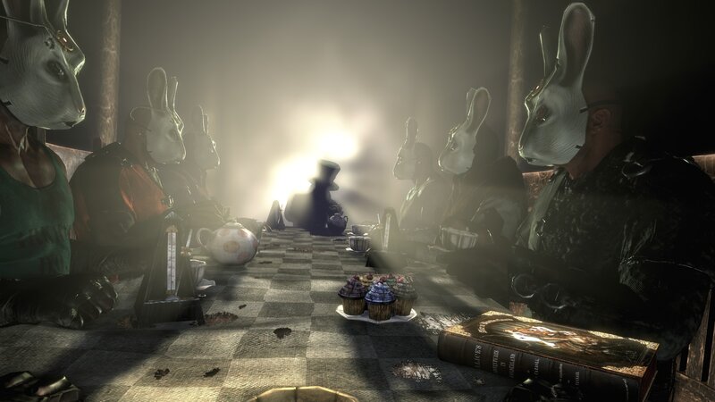 Bunny-masked Figures at Table