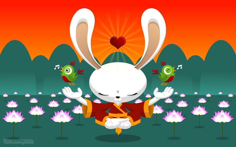 Bunny meditating in lotus field