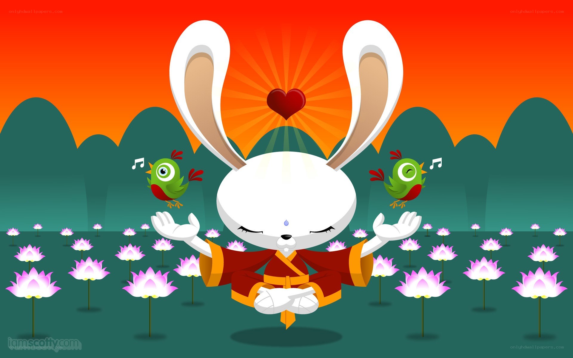 Bunny meditating in lotus field