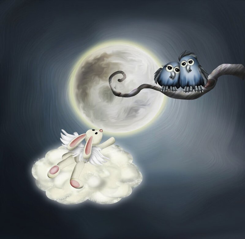 Bunny on Cloud with Owls