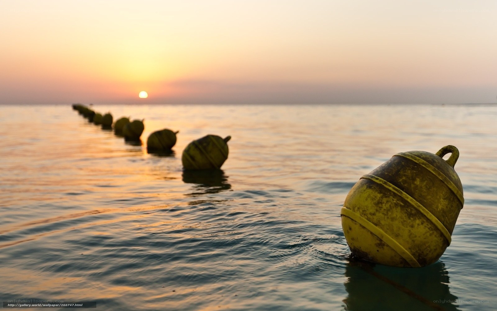 Buoys at sunset on calm water