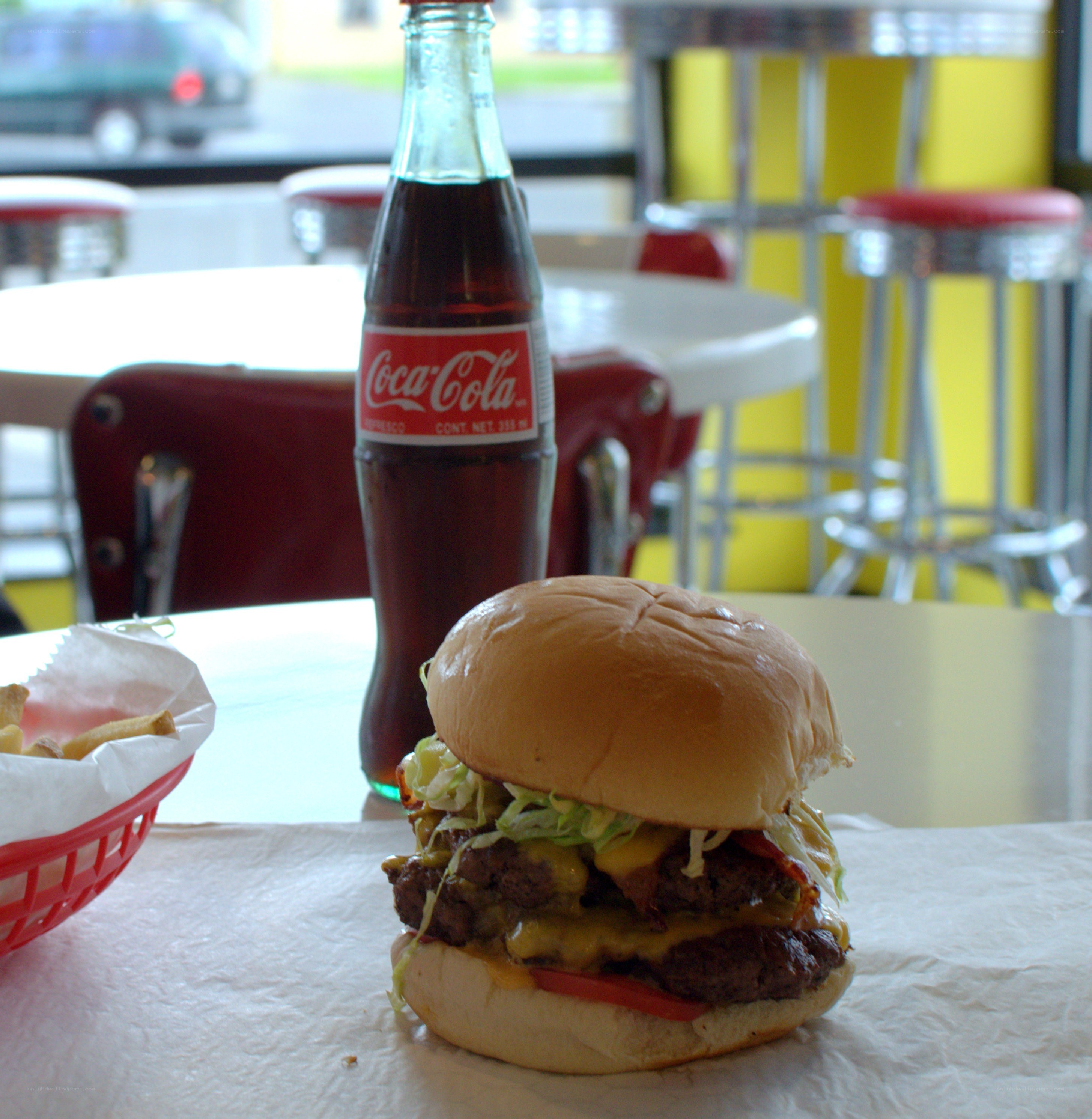 Burger and soda at a diner