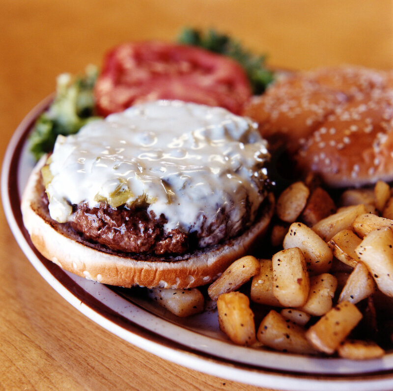burger with cheese and potatoes