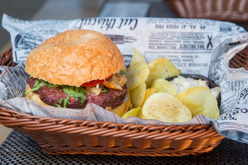 Burger with chips in basket