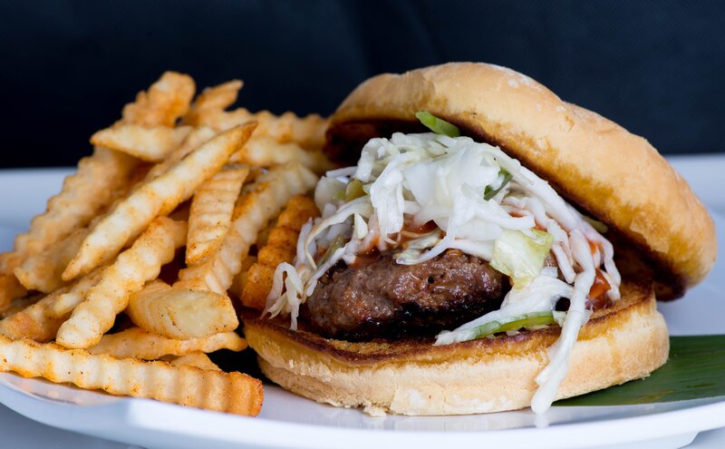 burger with coleslaw and fries