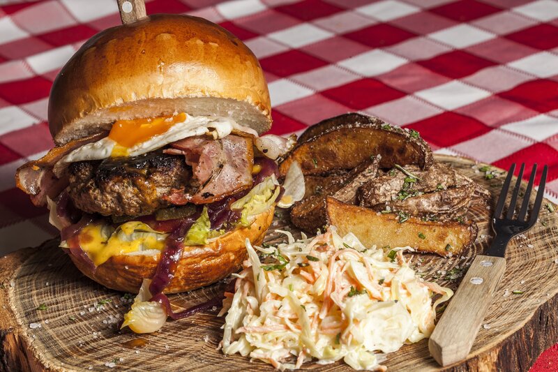 Burger with fries and coleslaw