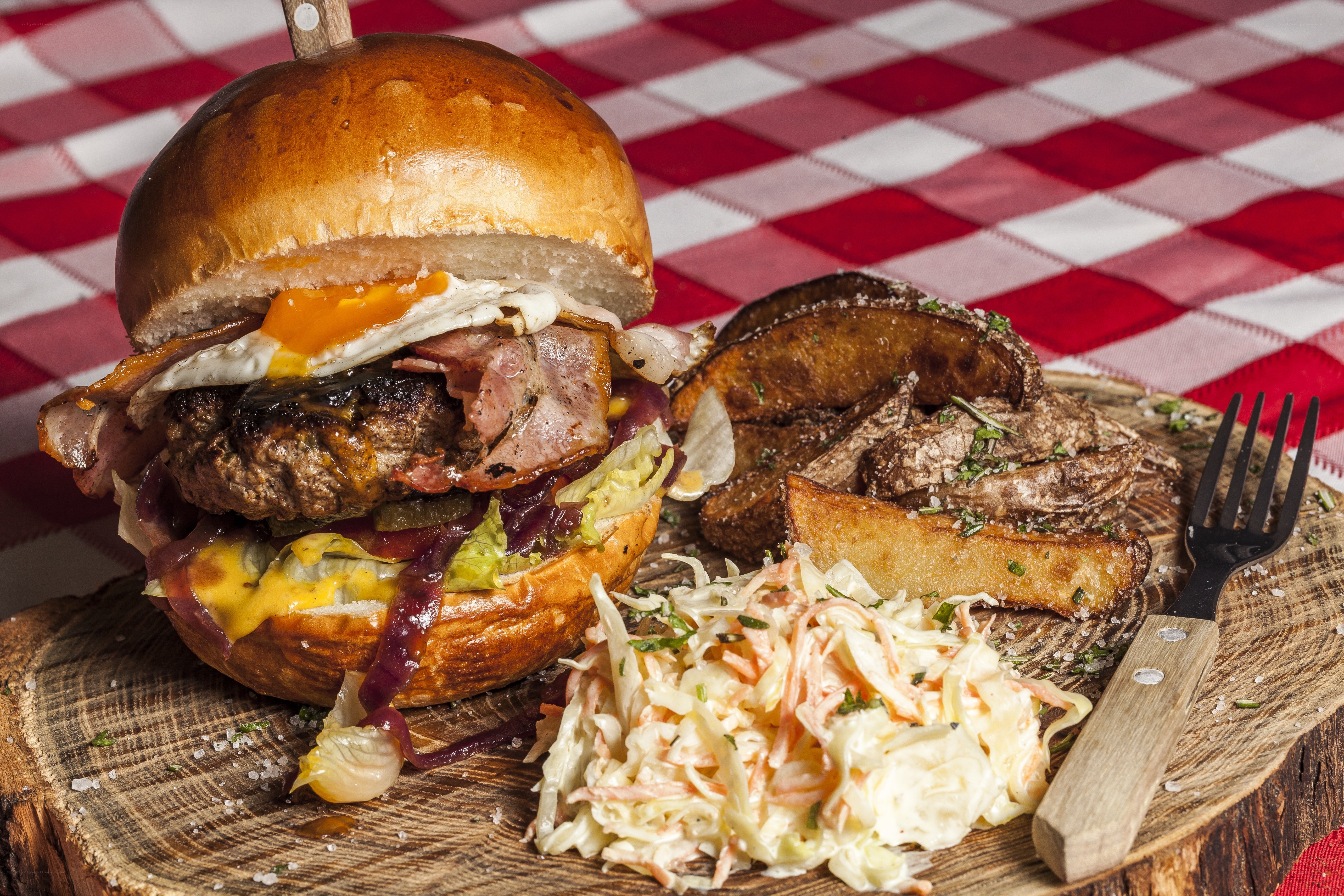 Burger with fries and coleslaw