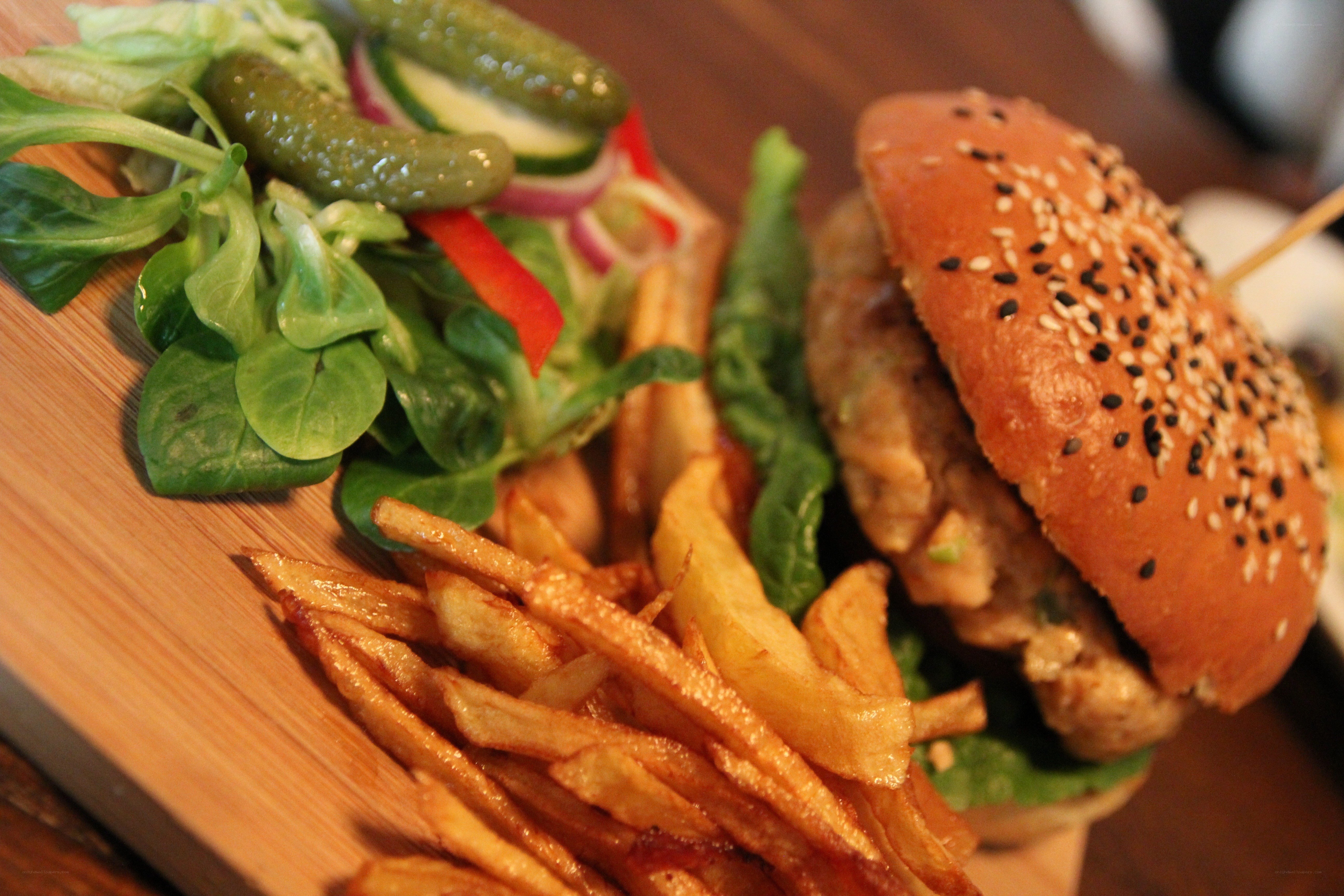 burger with fries and salad