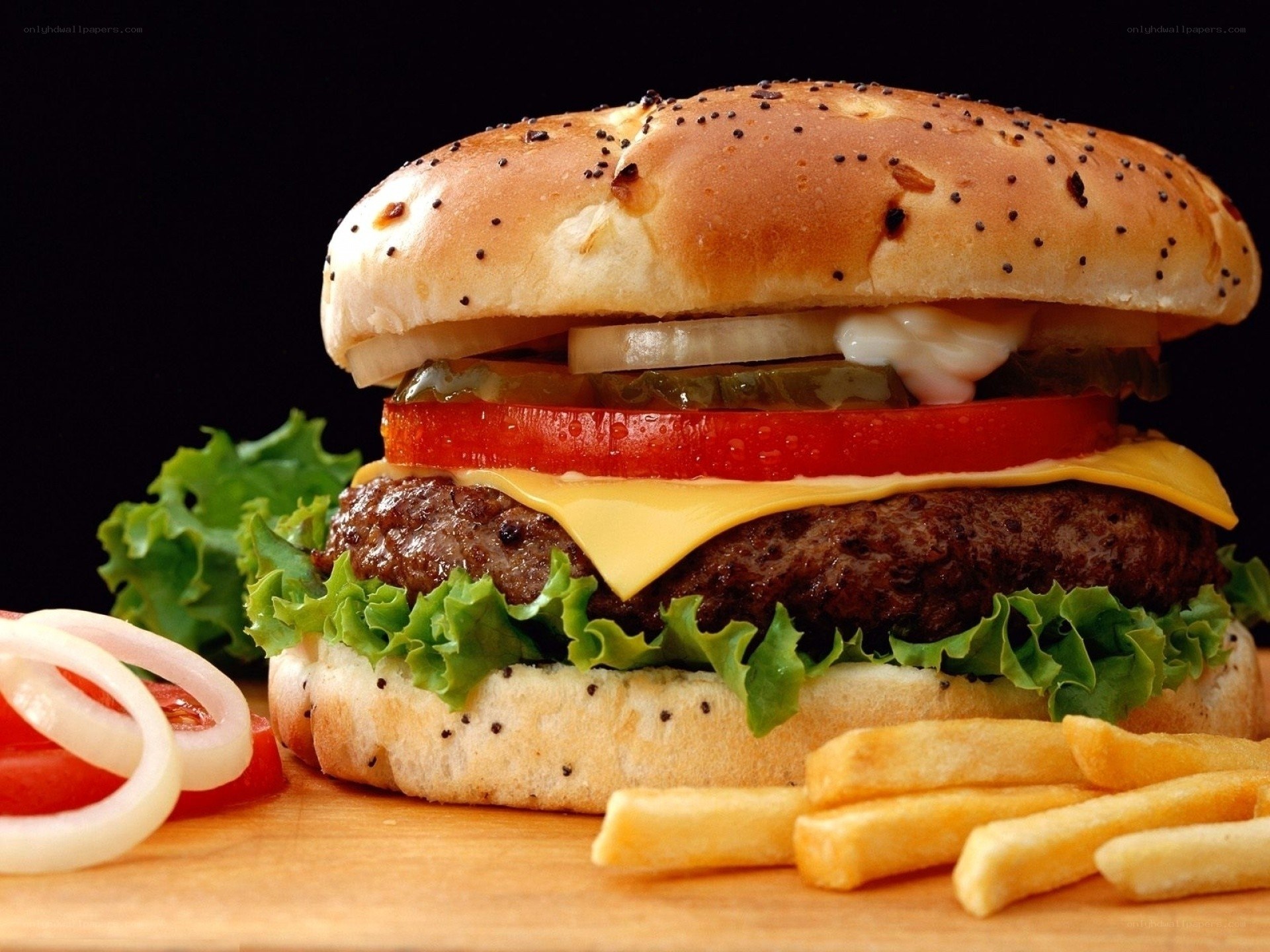 Burger with fries and toppings
