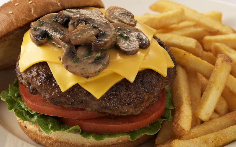 burger with mushrooms and fries