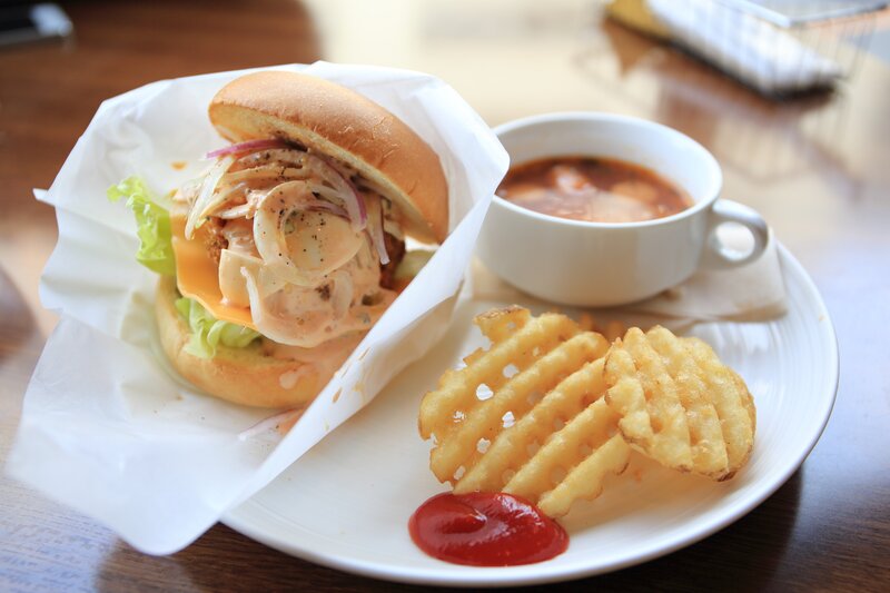 Burger with waffle fries and soup