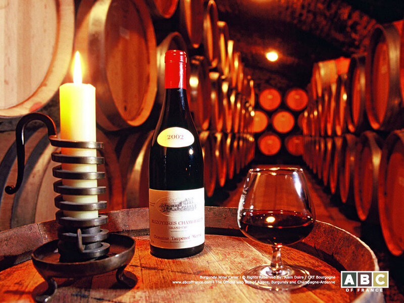 Burgundy wine cellar with bottle and glass