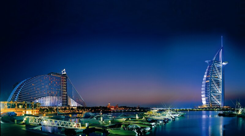 Burj Al Arab and Jumeirah Beach Hotel — Blue, Serene, Night