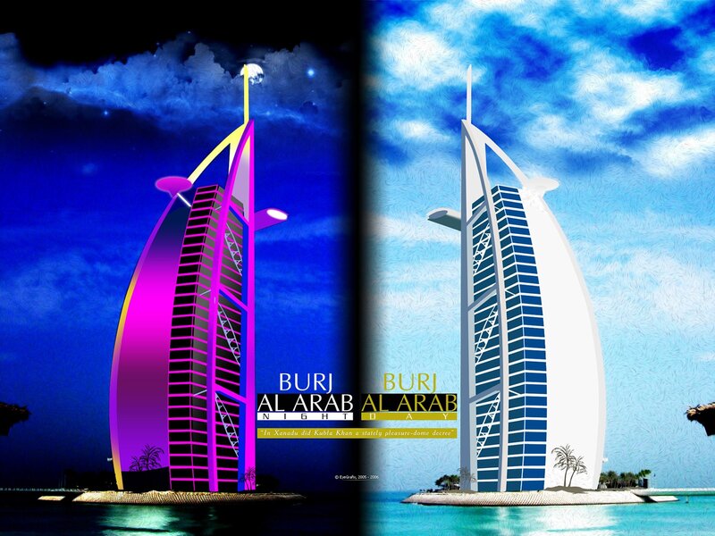 Burj Al Arab at night and day