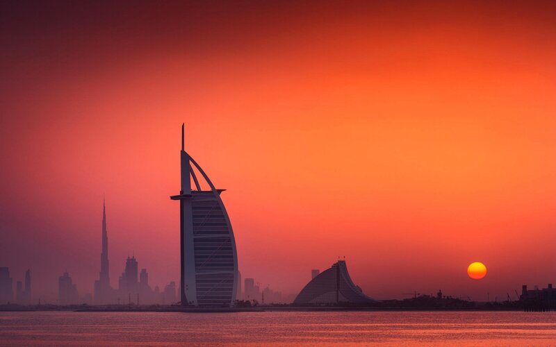 Burj Al Arab at Sunset — Orange, Dramatic, Photograph