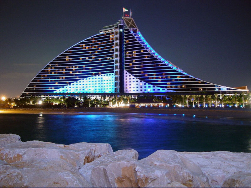 Burj Al Arab Hotel — Blue, Dramatic, Night, Photograph, Ocean
