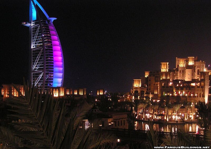 Burj Al Arab Hotel — Blue, Dramatic, Night, Photograph, Palm Trees