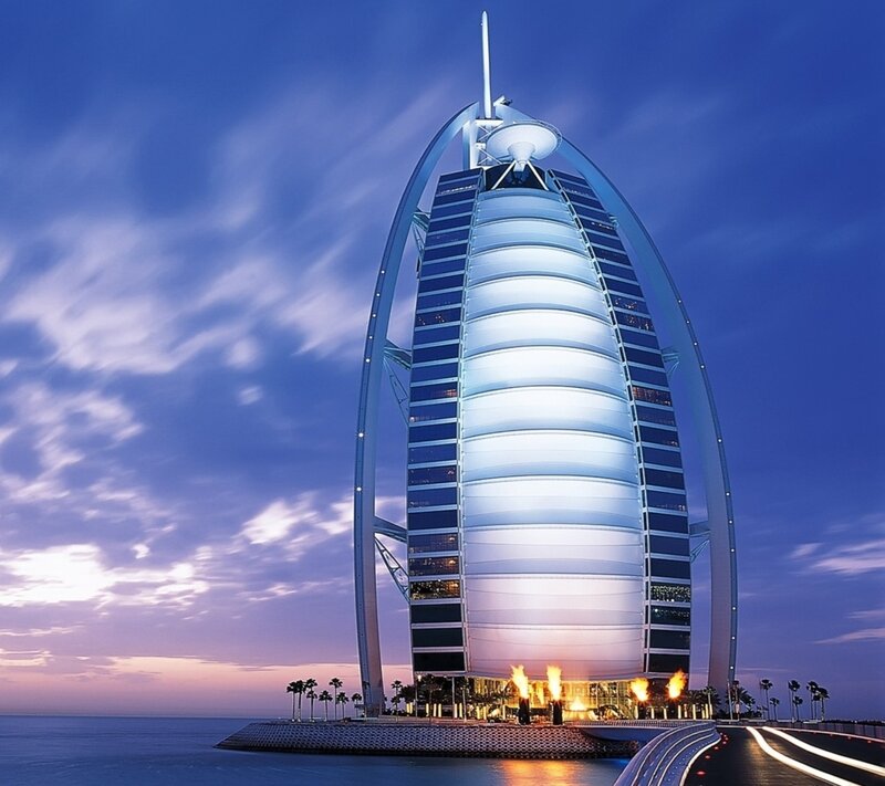 Burj Al Arab Hotel — Blue, Dramatic, Sunset, Photograph, Ocean