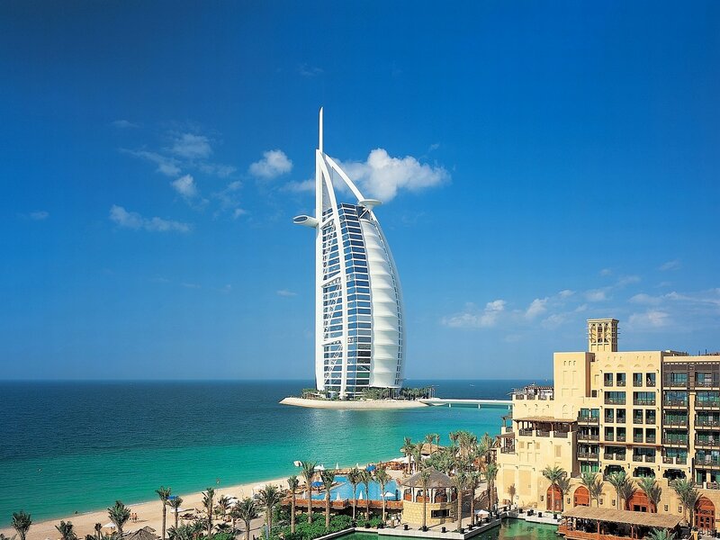 Burj Al Arab Hotel — Blue, Serene, Afternoon, Photograph, Beach