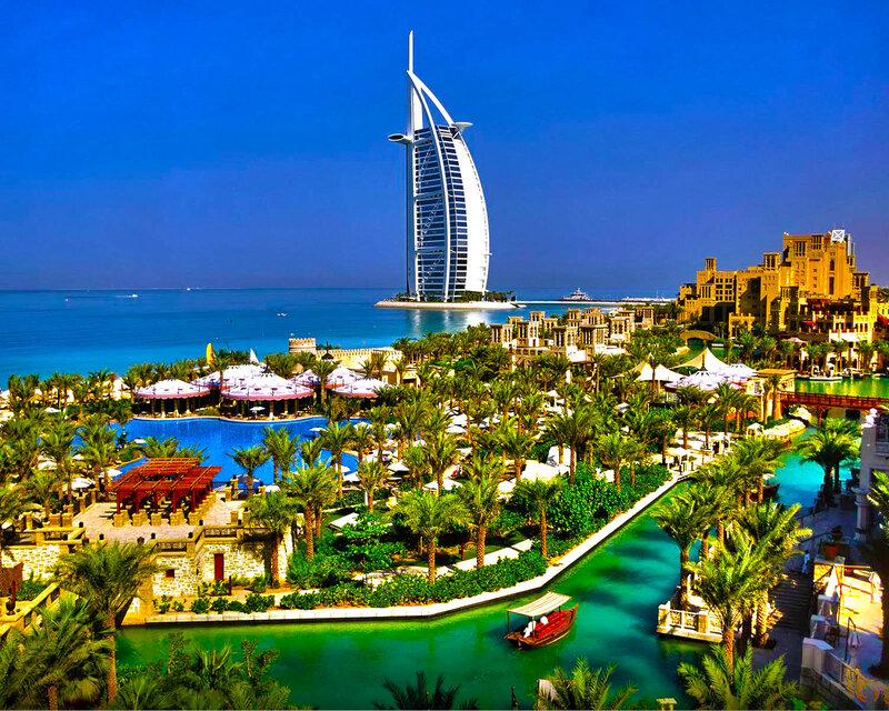 Burj Al Arab Hotel — Blue, Serene, Afternoon, Photograph, Palm Trees