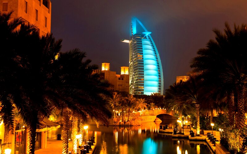 Burj Al Arab Hotel — Blue, Serene, Night, Photograph, Palm Trees