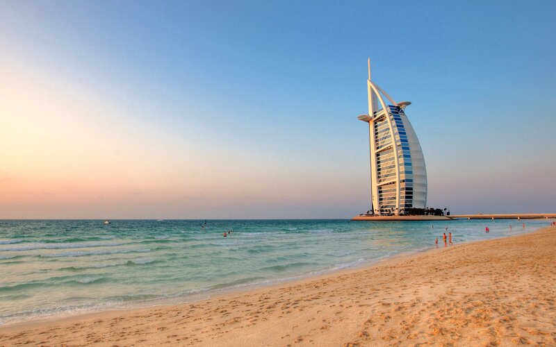 Burj Al Arab Hotel — Blue, Serene, Sunset, Photograph, Beach, Ocean
