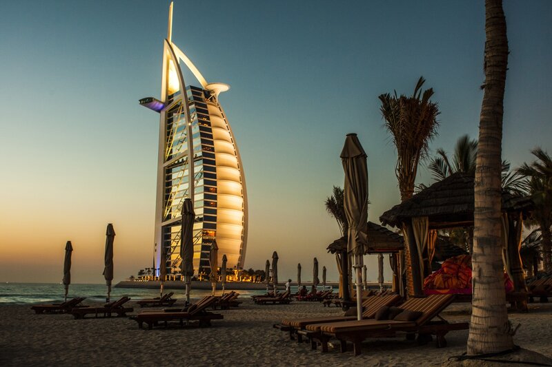 Burj Al Arab Hotel — Blue, Serene, Sunset, Photograph, Beach, Palm Trees
