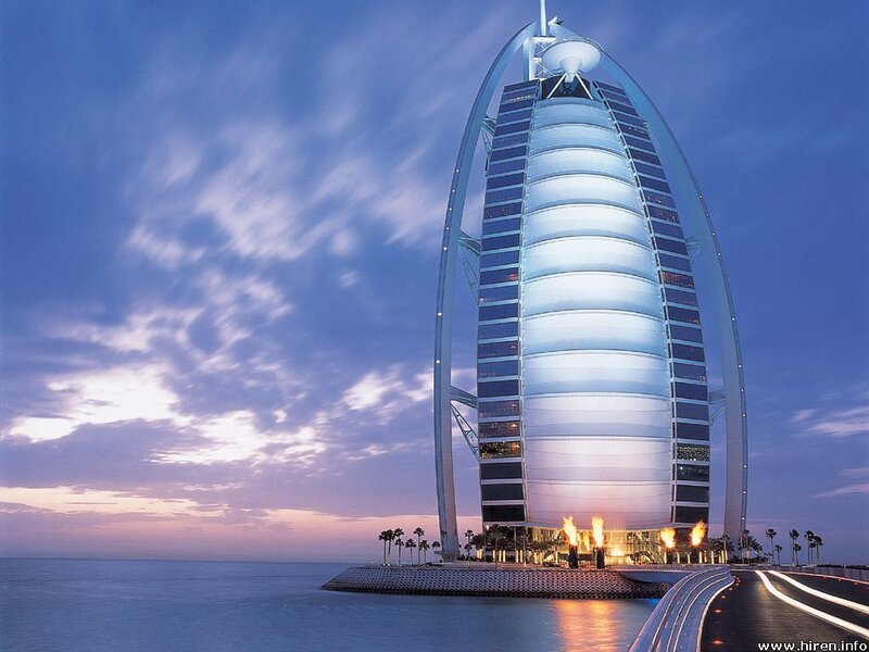 Burj Al Arab Hotel — Blue, Serene, Sunset, Photograph, Ocean, Palm Trees, Fire