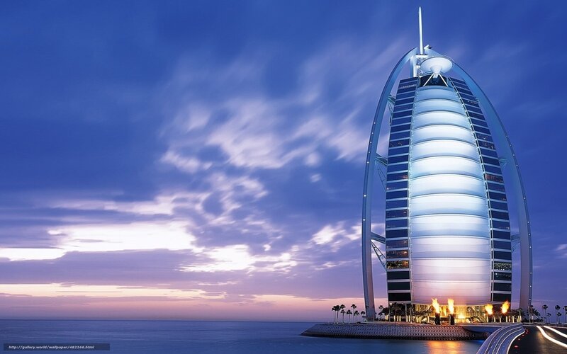 Burj Al Arab Hotel — Blue, Serene, Sunset, Photograph, Ocean, Palm Trees