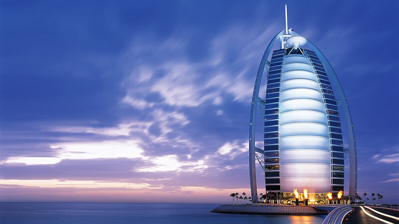 Burj Al Arab Hotel — Blue, Serene, Sunset, Photograph, Ocean, Sky