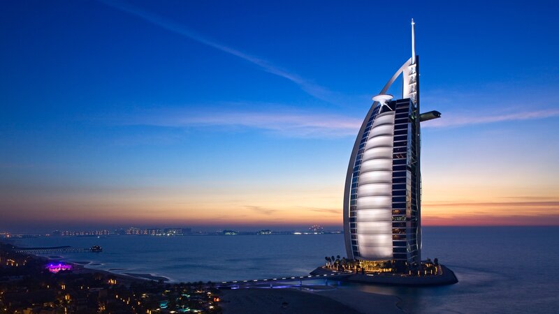 Burj Al Arab Hotel — Blue, Serene, Sunset, Photograph, Sea
