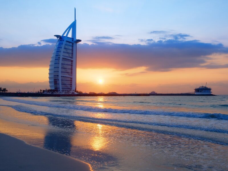 Burj Al Arab Hotel — Orange, Serene, Sunset, Photograph