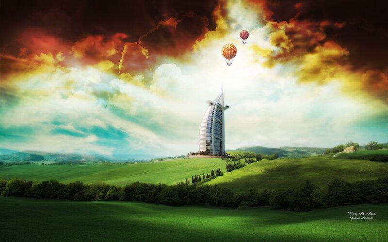 Burj Al Arab in a green landscape