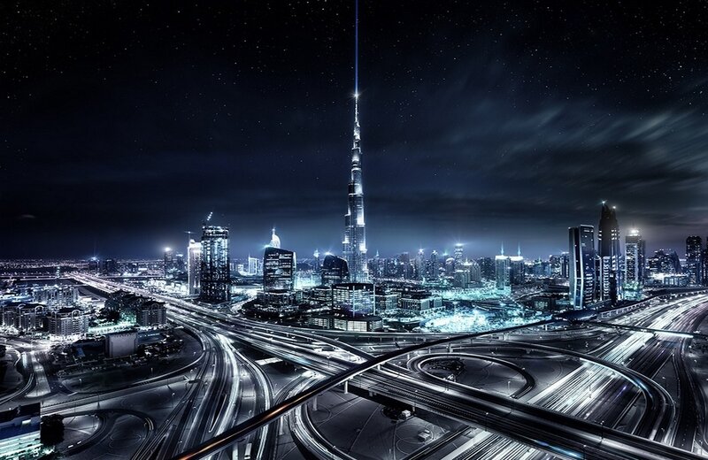 Burj Khalifa at Night — Black, Dramatic, Photograph, Skyscraper, Highways
