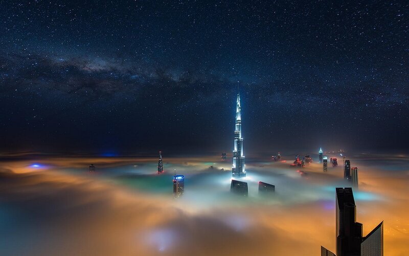Burj Khalifa at Night — Blue, Dramatic, Photograph, City Skyline