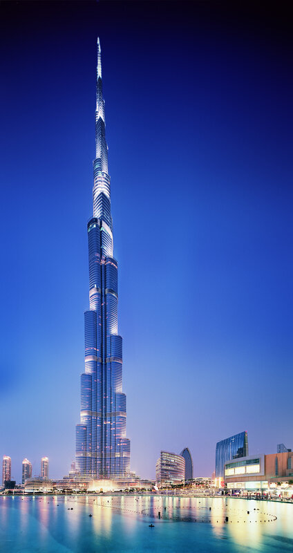 Burj Khalifa at Night — Blue, Dramatic, Photograph, Skyscraper, Fountain, Cityscape, Black