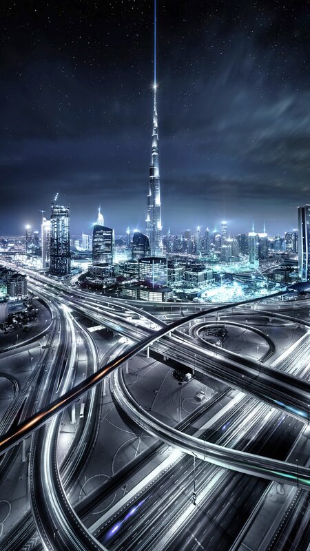 Burj Khalifa at Night — Blue, Dramatic, Photograph, Skyscraper, Highway Interchange
