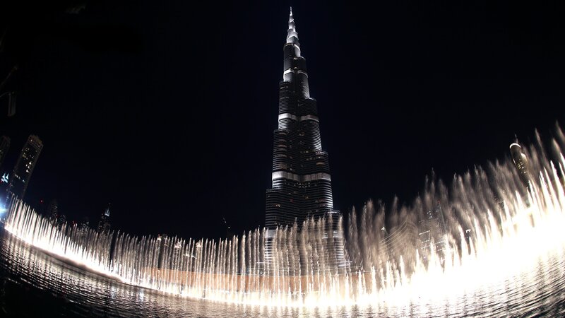 Burj Khalifa at night with fountain